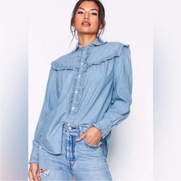 POLO RALPH LAUREN Ruffle-Trim Denim Cotton Shirt Size M - Picture 4 of 11